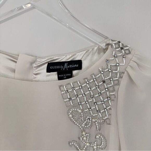 ⭕️ GUESS by Marciano Dress Cream Silver Crystals Embroidered XS - Picture 5 of 10
